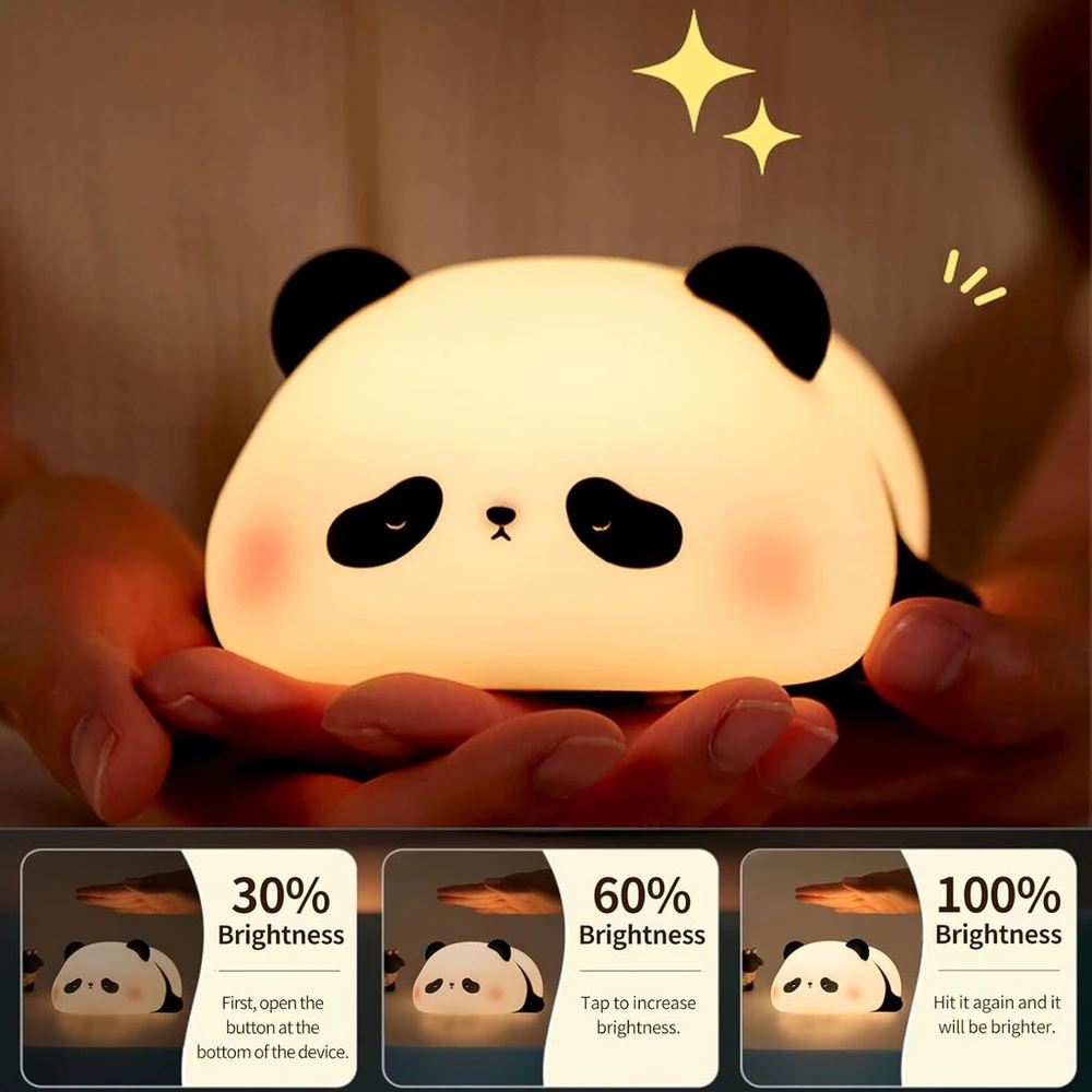 Ammtoo naktinė lemputė vaikams Panda, pritemdoma panda lemputė su laikmačiu, valdoma lietimu silikoninė naktinė lemputė kūdikiams, Usb įkraunama miela panda lemputė, miela naktinė lemputė vaikų kambario dekoracija (panda)