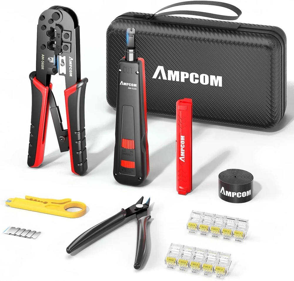 Ampcom ethernet įrankių rinkinys 7-in-1 rj45/rj11 tinklo įrankių rinkinys, skirtas cat6/cat5e/cat5 rj45 jungtims su 110 punch down įrankiu ir laidų nuėmėju nešiojamame vandeniui atspariame krepšyje