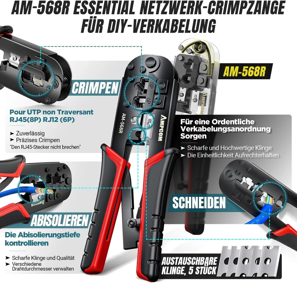 Ampcom ethernet įrankių rinkinys 7-in-1 rj45/rj11 tinklo įrankių rinkinys, skirtas cat6/cat5e/cat5 rj45 jungtims su 110 punch down įrankiu ir laidų nuėmėju nešiojamame vandeniui atspariame krepšyje