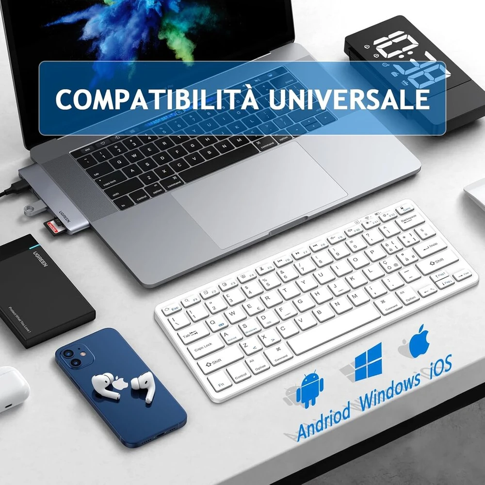 Amzcase Bluetooth klaviatūra, skirta Ipad planšetiniam kompiuteriui, išmaniajam telefonui, nešiojamam kompiuteriui, Pc, belaidė Bluetooth klaviatūra su sparčiųjų klavišų funkcijomis ir nešiojama balta