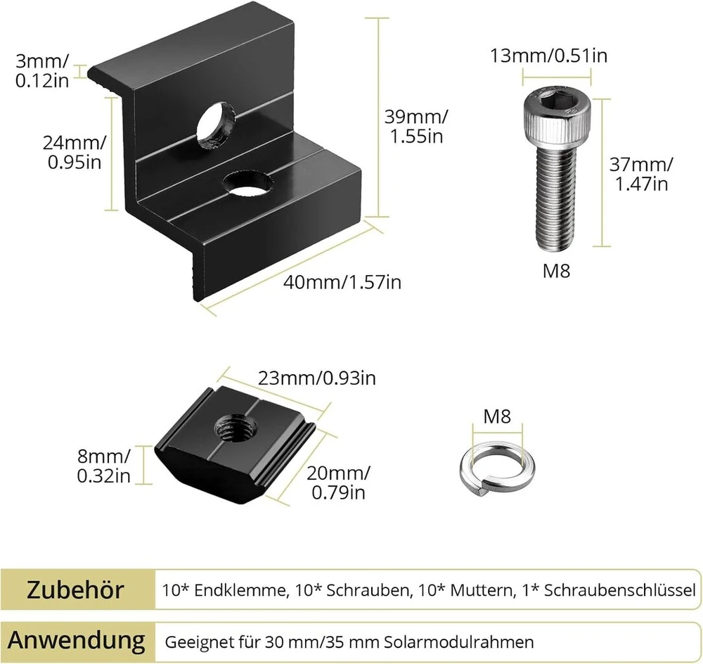 Anbte 10 vnt. galinių spaustukų su dviguba anga, skirtų 30 mm / 35 mm aukščio moduliams, aliuminio saulės modulių su formos laikiklių rinkinys, pv saulės panelių trapecinių lakštų modulių spaustukų rinkinys, solapanelių montavimo laikikliai (juodi)