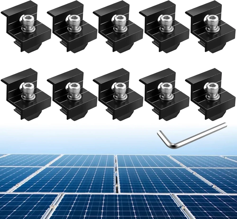 Anbte 10 vnt. galinių spaustukų su dviguba anga, skirtų 30 mm / 35 mm aukščio moduliams, aliuminio saulės modulių su formos laikiklių rinkinys, pv saulės panelių trapecinių lakštų modulių spaustukų rinkinys, solapanelių montavimo laikikliai (juodi)