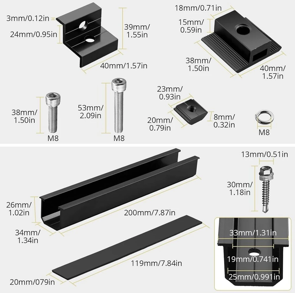 Anbte saulės kolektorių laikiklis, 6 x 200 mm montavimo bėgeliai, 4 x galiniai spaustuvai + 2 x centriniai spaustuvai, skirti modulio aukščiui 30 mm / 35 mm + 18 x varžtai + guminiai padėkliukai, saulės kolektorių montavimo ant plokščio stogo rinkinys, ju