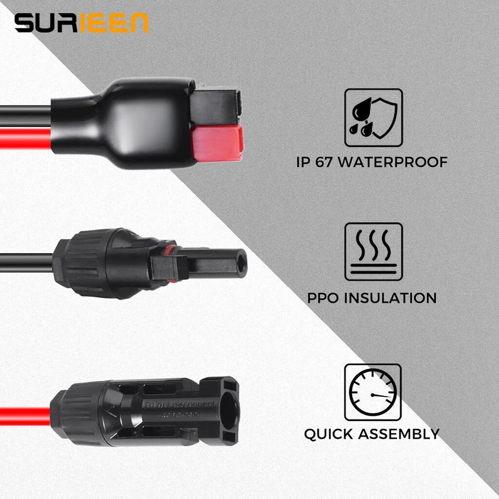 Anderson saulės kištukas į 50a jungties kabelį, 10awg kištukas saulės baterijų kabeliui, saulės baterijų kabelių jungčių rinkiniai rv saulės generatoriui nešiojamai elektrinei (60 cm)