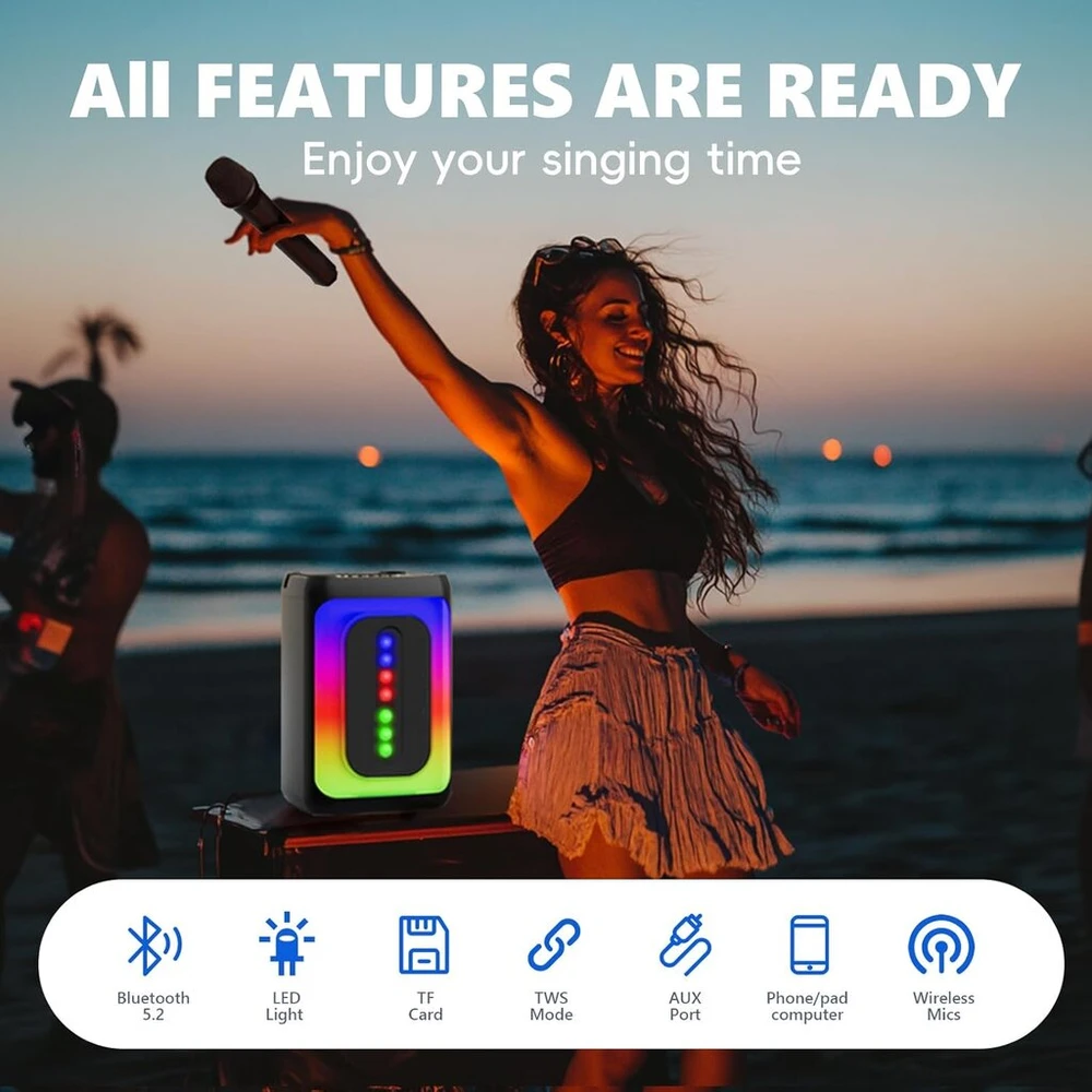 Muzikinis centras Ankuka karaoke aparatas su 2 mikrofonais, nešiojama bluetooth kolonėlė su led lemputėmis, tf/usb, fm, aux, tws, vakarėliams ir suaugusiems, dovana draugams ir šeimai (juodas)