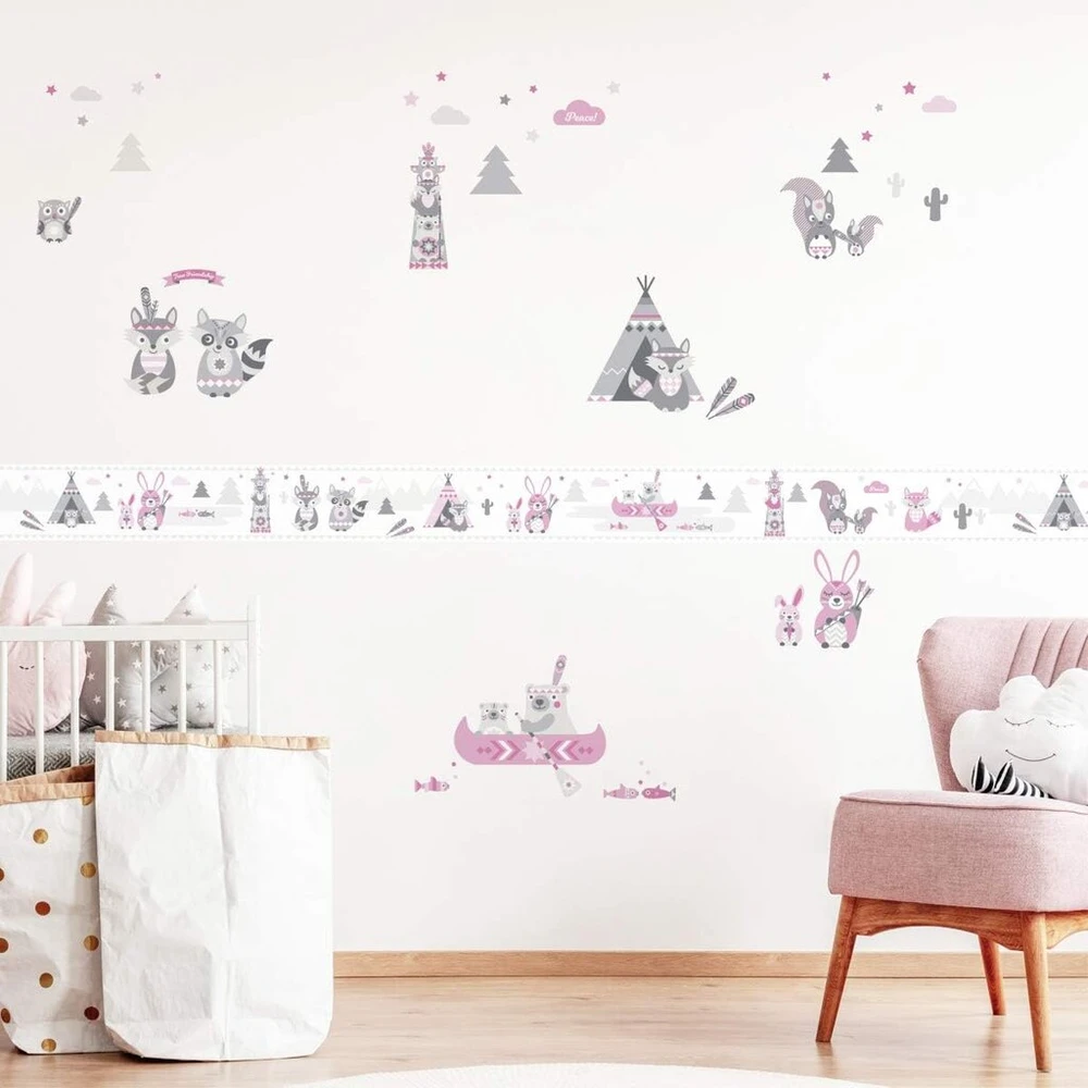 Anna Wand lipni vaikiškų kambarių bordiūras pagamintas Vokietijoje, tapetų bordiūras 450 x 11.5 cm, sienų lipdukas mergaitėms ir berniukams, little indians pink/pilkas
