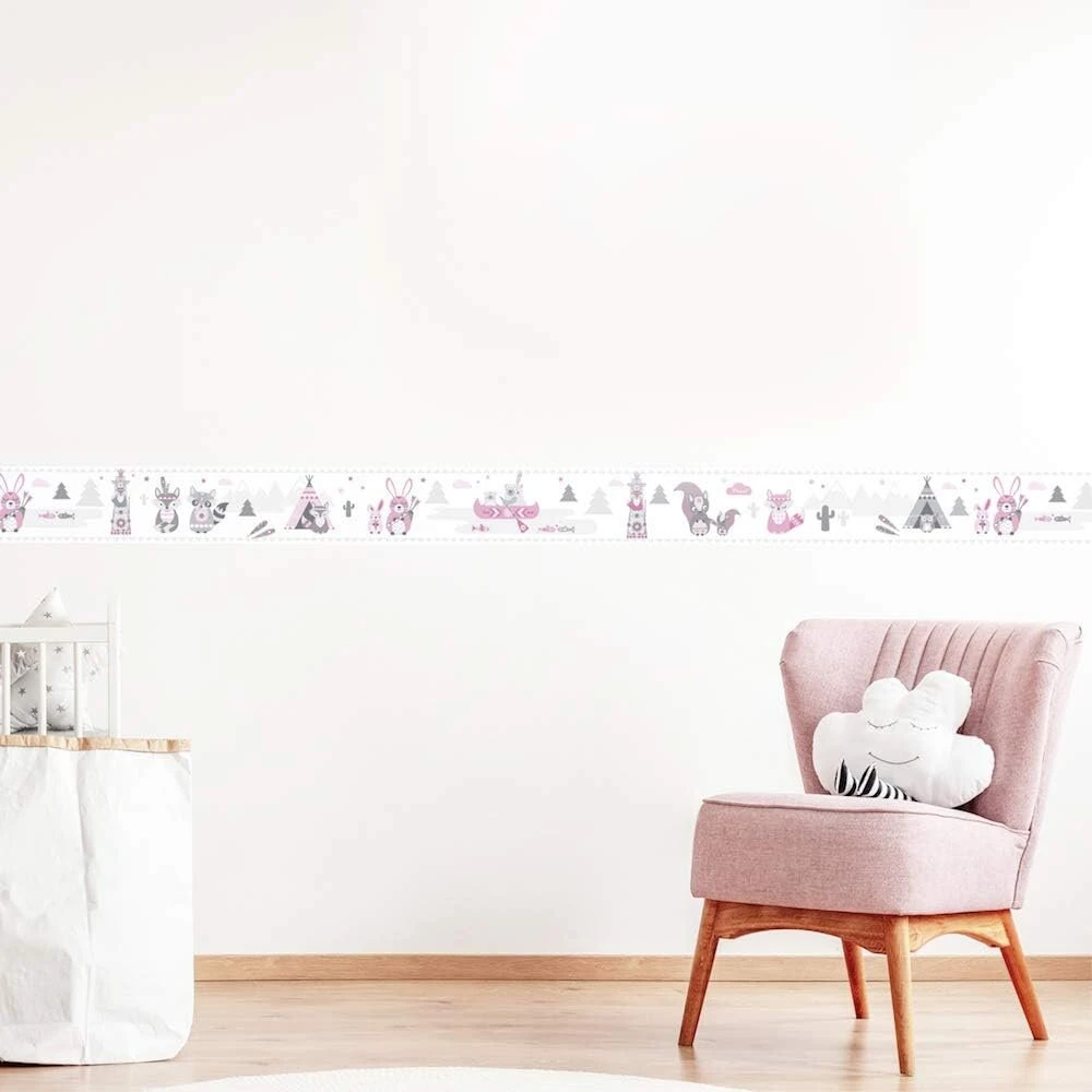 Anna Wand lipni vaikiškų kambarių bordiūras pagamintas Vokietijoje, tapetų bordiūras 450 x 11.5 cm, sienų lipdukas mergaitėms ir berniukams, little indians pink/pilkas
