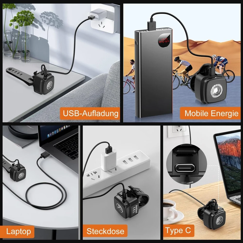 Antimi dviračio priekinis žibintas, vandeniui atsparus, usb type c