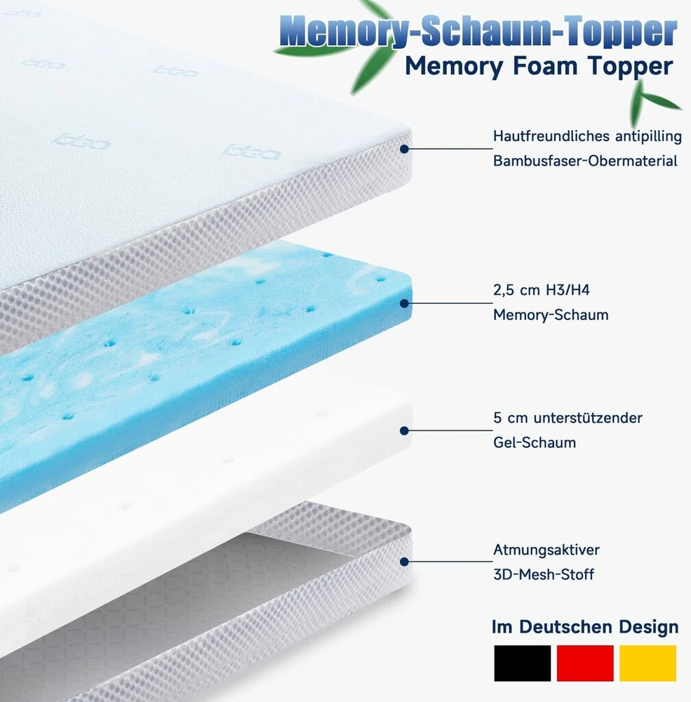 Čiužinys Antklodė 180 x 200 cm, gelinis čiužinio antklodė H3/h4, pagaminta iš 7,5 cm aukščio memory foam ir bambuko pluošto audinio, patogi čiužinio antklodė 180 x 200 cm skirta spyruoklinei lovai ir nepatogioms lovoms