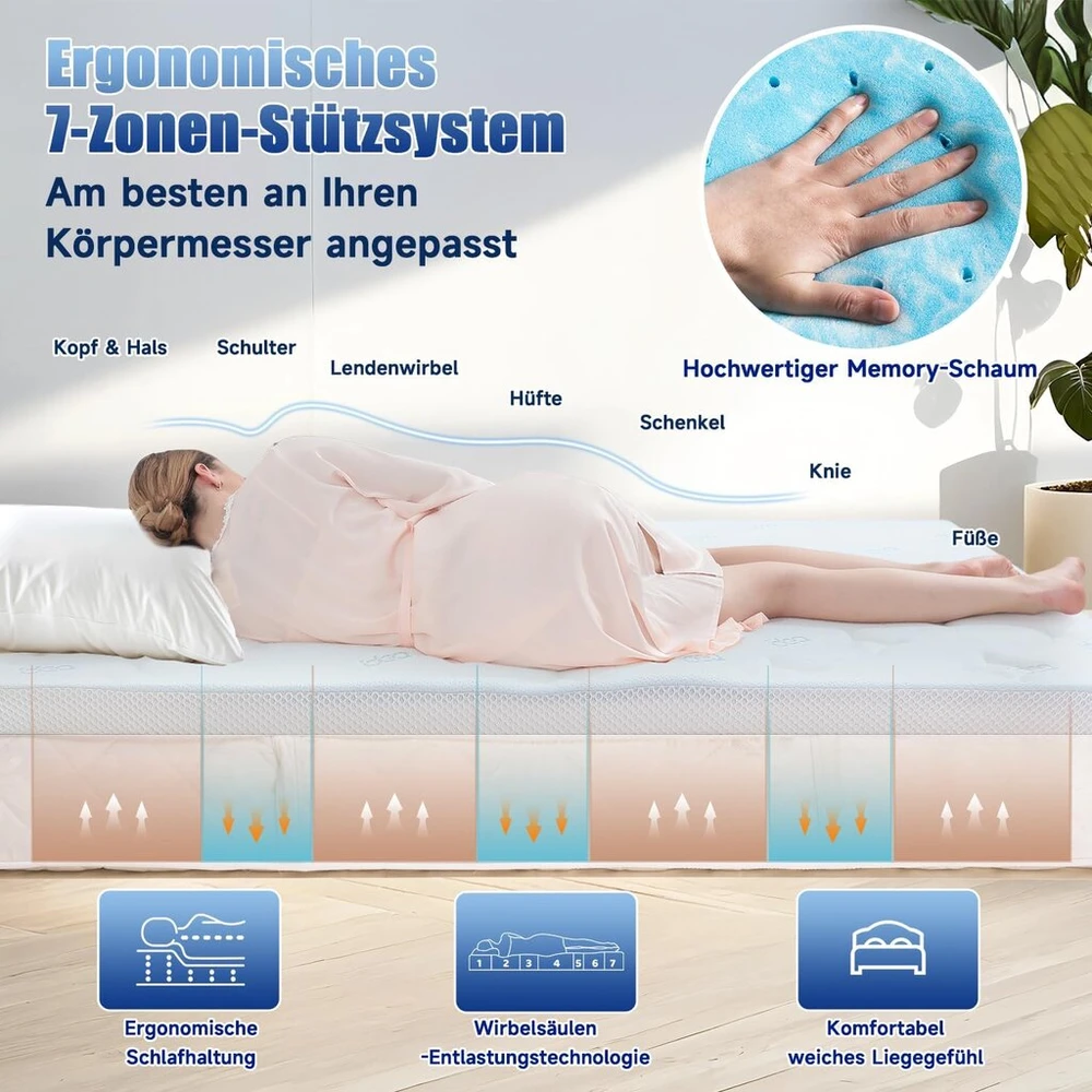 Čiužinys Antklodė 180 x 200 cm, gelinis čiužinio antklodė H3/h4, pagaminta iš 7,5 cm aukščio memory foam ir bambuko pluošto audinio, patogi čiužinio antklodė 180 x 200 cm skirta spyruoklinei lovai ir nepatogioms lovoms