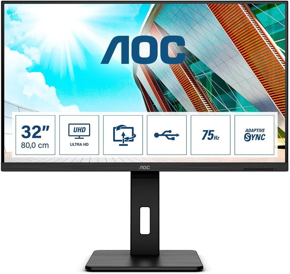 Aoc U32p2 - 32 colių Uhd monitorius, reguliuojamo aukščio (3840 x 2160, 75 Hz, Hdmi 2.0, Displayport, Usb šakotuvas) juodas