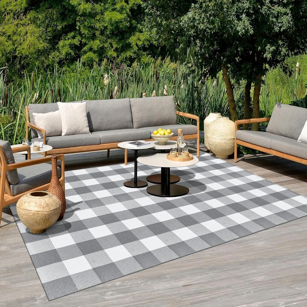 Aoczes medvilninis kilimas, skalbiamas plokščio audimo kilimas svetainei 120 x 180 cm trumpo plauko kilimas Buffalo Plaid medvilninis austas pilkas baltas languotas vidaus lauko kilimas valgomajam miegamajam balkonui