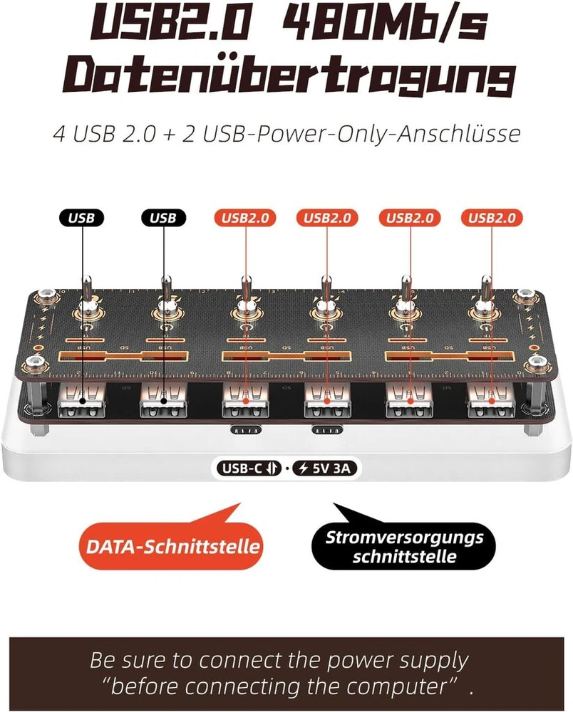 Aoduke Cyberpunk 6 prievadų Usb 2.0 šakotuvas, Usb nepriklausomas jungiklio skirstytuvas Usb plėtiklis, Usb disko dėklas / Sd / Tf kortelių saugojimo dėžutė, retro Usb darbalaukio valdiklis, Rgb Led doko stotis 06r-a