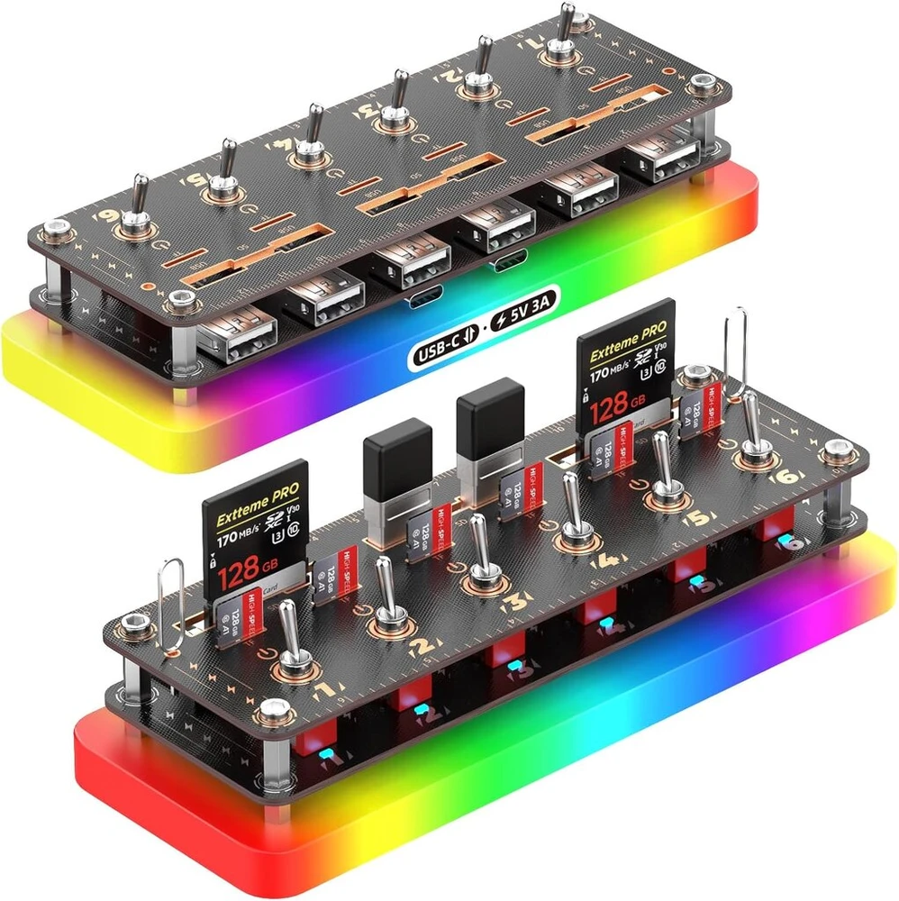 Aoduke Cyberpunk 6 prievadų Usb 2.0 šakotuvas, Usb nepriklausomas jungiklio skirstytuvas Usb plėtiklis, Usb disko dėklas / Sd / Tf kortelių saugojimo dėžutė, retro Usb darbalaukio valdiklis, Rgb Led doko stotis 06r-a