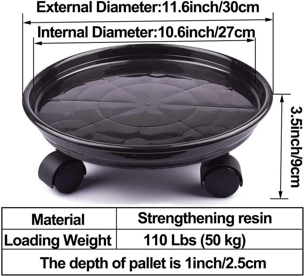 Aofox 3 vnt. 30 cm plastikinių padėklų vežimėlių rinkinys, skirtas augalams, apvalus gėlių vazono stovas, aukštos kokybės augalų vazono padėklas su ratukais (juodas)