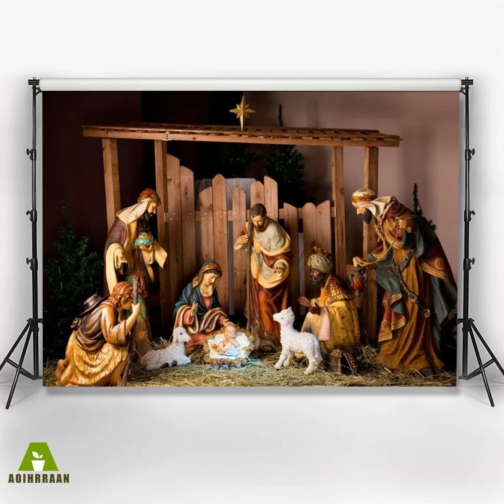 Aoihrraan 3x2,5 m gimimo scena, Jėzaus gimimas, avys, religinis tikėjimas, piemens skulptūra, fotografijos fonas, bažnyčios biblijos istorija, tikėjimas, krikščionis, tikintis, portretų fotostudijos rekvizitai