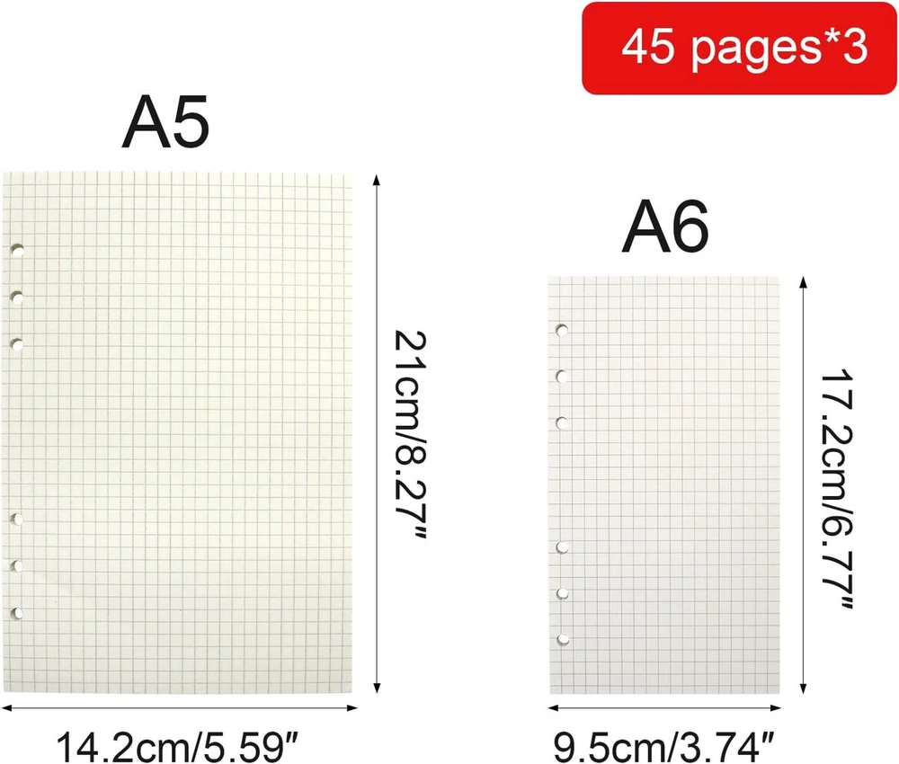 Aomhrek 3 žiedų segtuvas A5 ir A6 papildomas, kvadratiniai A6 formato lapai su perforuotu kraštu, žiedų segtuvo įdėklai A5 languoti su kraštu, A6 popierius žiedų segtuvui A6, 100 gsm papildomi įdėklai, 45 lapai (a5)