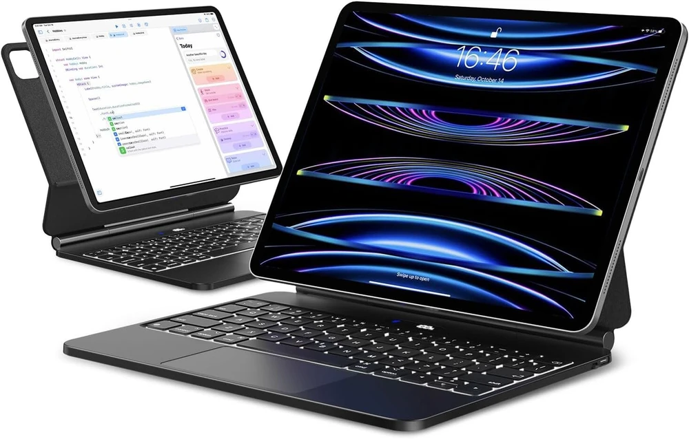 Apps2car Magic Klaviatūra, skirta Ipad Pro 11 colių (1-ai, 2-ai, 3-iai, 4-ai kartai) ir Ipad Air (4-ai, 5-ai kartai), plaukiojantis konsolinis stovas su apšviesta jutikline klaviatūra - balta