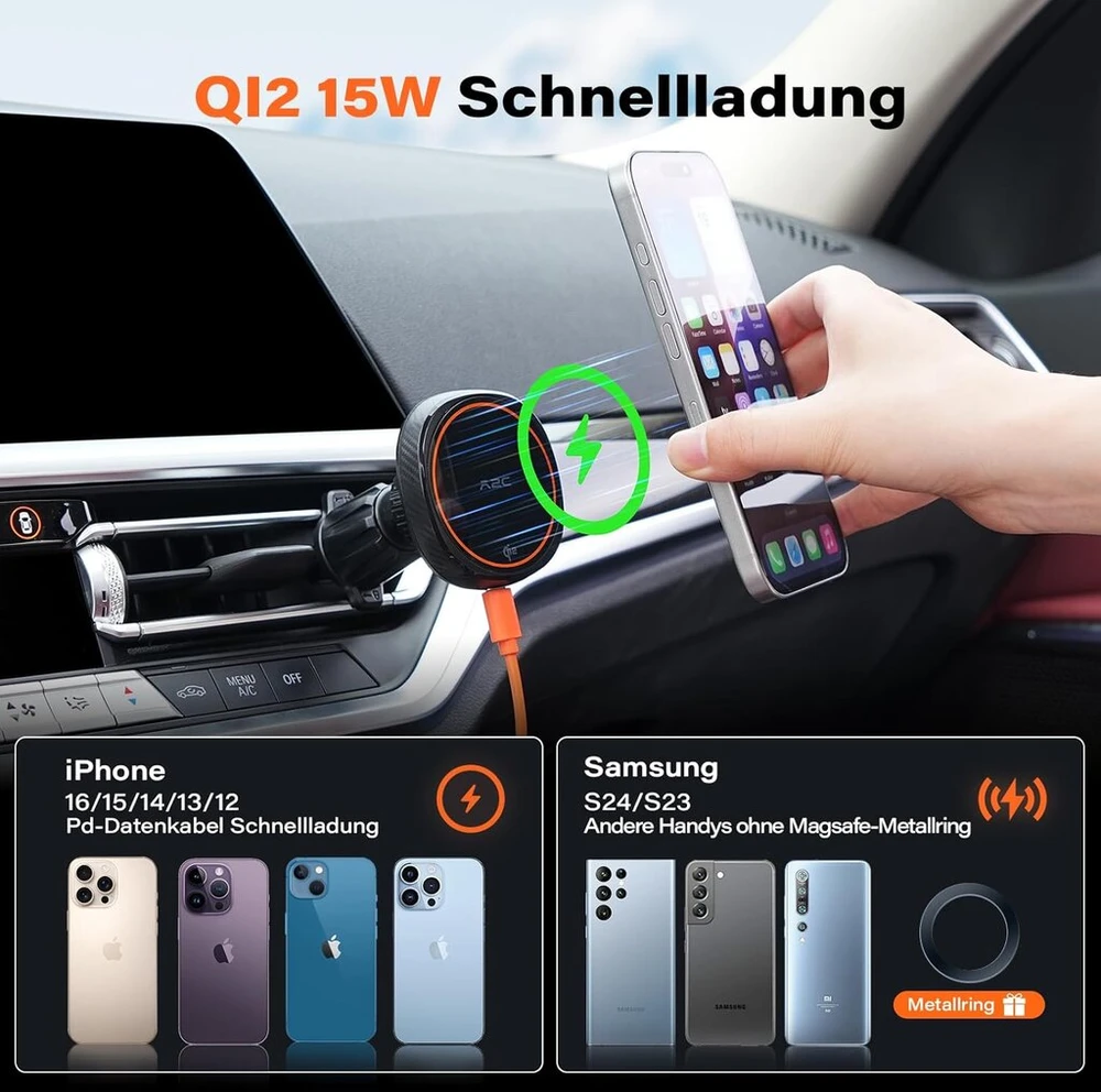 Apps2car Qi2 15w Magsafe telefono laikiklis automobiliui su įkrovimo funkcija, mobiliojo telefono laikiklis automobiliui, ventiliacinis belaidis automobilinis telefono laikiklis, magnetinis belaidis įkroviklis automobiliui, indukcinis įkrovimas