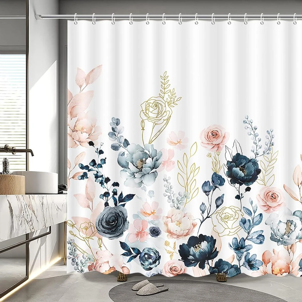 Aprophic dušo užuolaida rožinės gėlės 180 x 180 cm akvarelės gėlės lapai moderni vonios užuolaida vandeniui atsparus poliesterio audinys skalbiama vonios užuolaida su 12 kabliukų