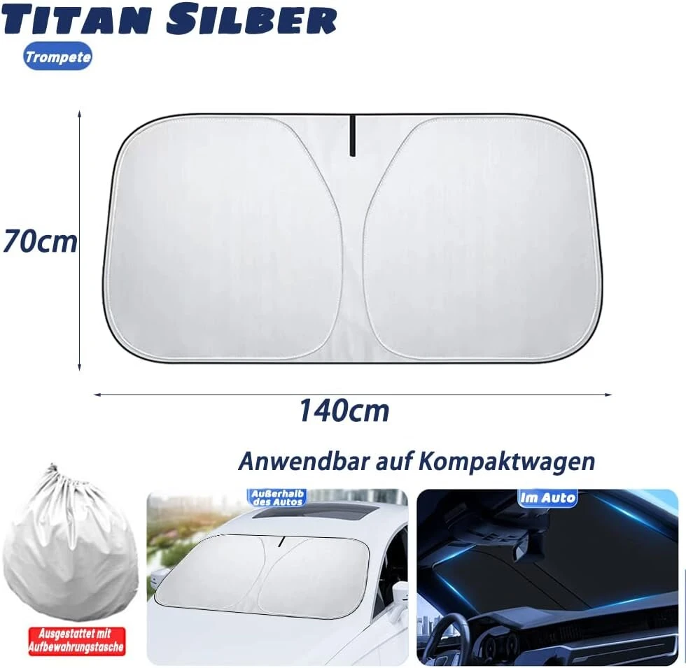 Apsauga nuo saulės automobilio priekinio stiklo vidui, automobilio apsauga nuo saulės priekiniam stiklui 140 x 70 cm, apsauga nuo saulės priekiniam stiklui iš vidaus, priekinio stiklo apsauga nuo saulės, sulankstoma daugumai transporto priemonių, visureig