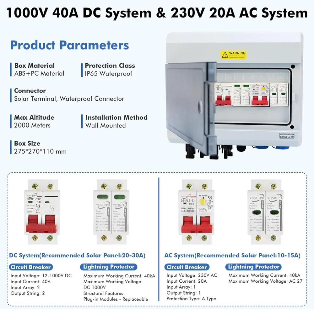 Apsauga nuo viršįtampių pv dc izoliatoriaus jungiklis apsauga nuo žaibo grandinės pertraukiklis pv sistema 2 stygų 2 įėjimai 2 išėjimai, dc 1000v 2 kontaktų 40a 20-40ka apsauga nuo saulės įtampos, saulės pv jungties dėžutė ip65 atspari vandeniui