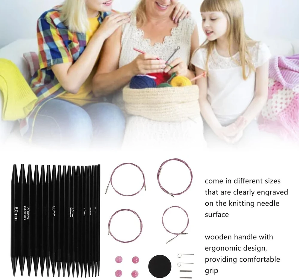 Apskritų mezgimo virbalų rinkinys, nuo 3 iki 8 mm keičiamų ergonomiškų apskritų mezgimo virbalų rinkinys su laikymo krepšiu rankdarbiams, dovanos mamai, močiutei, draugei, kuri yra pradedančioji mezgėja