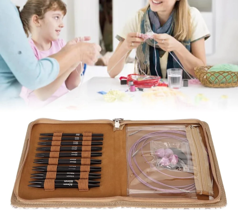 Apskritų mezgimo virbalų rinkinys, nuo 3 iki 8 mm keičiamų ergonomiškų apskritų mezgimo virbalų rinkinys su laikymo krepšiu rankdarbiams, dovanos mamai, močiutei, draugei, kuri yra pradedančioji mezgėja