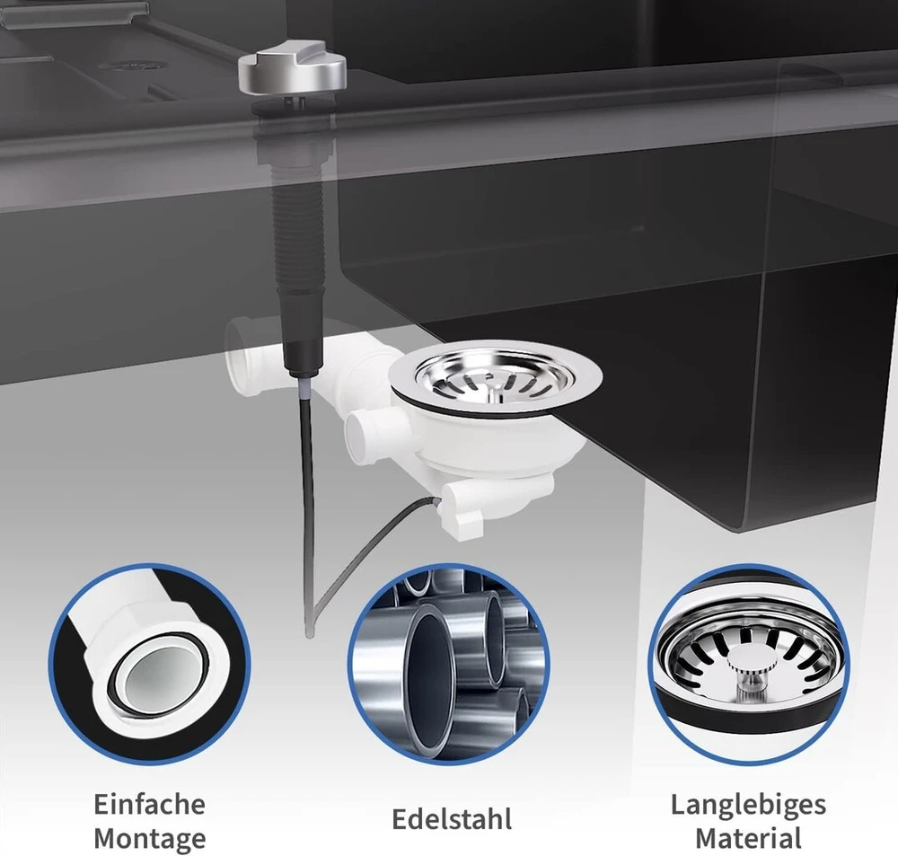 Aquade Ventilio krepšelio vožtuvas 114 mm – Ventilio krepšelio kriauklė – Sifono kriauklės rinkinys virtuvei – Kriauklės nutekėjimas – Modelis: Bowden Cable + Raumschaffer