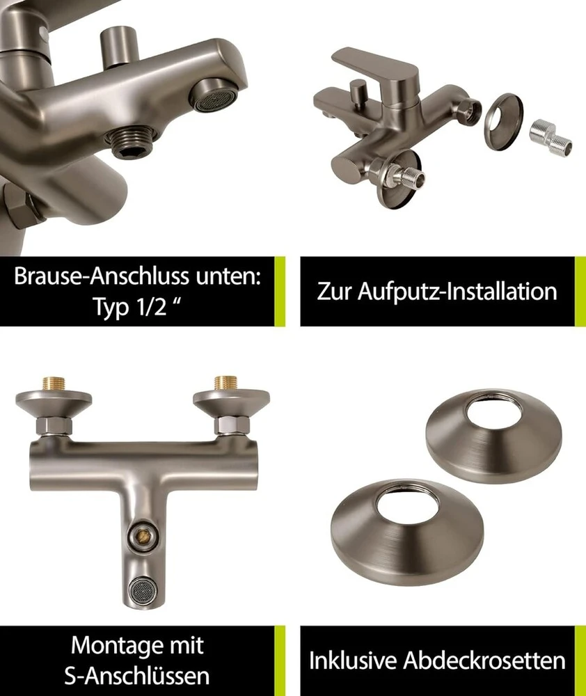 Aquasu® Morti 798808 vonios maišytuvas su perjungikliu, 1/2 colio dušo išvadas apačioje, montuojamas ant sienos, standartinės S jungtys, keraminė kasetė, žalvarinis korpusas, industrinis