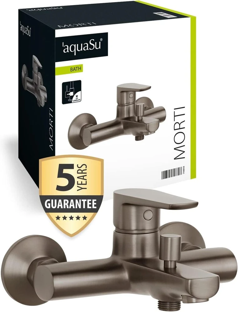 Aquasu® Morti 798808 vonios maišytuvas su perjungikliu, 1/2 colio dušo išvadas apačioje, montuojamas ant sienos, standartinės S jungtys, keraminė kasetė, žalvarinis korpusas, industrinis