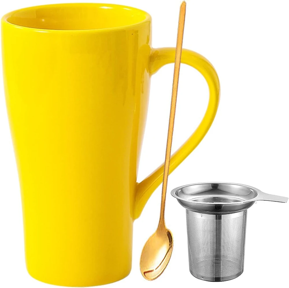 Arawat didelis puodelis 500 ml arbatos puodelis su sieteliu xxl kavos puodelis keramikinis arbatos puodelis originalus su šaukšteliu ir padėkliuku 500 ml kavos puodelis miela gimtadienio dovana arbatos kavos puodelis dovana (geltonas)