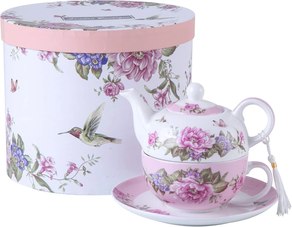 Arbata vienam, arbatinuko puodelio rinkinys, shabby chic flora, paukštis, rožė, drugelis, porcelianinė dovanų dėžutė (rožinė)