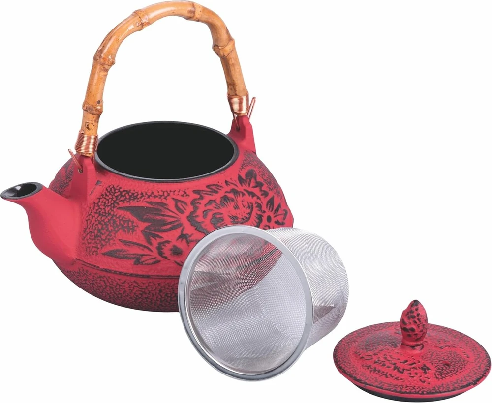 Virdulys Arbatinukas 800 ml ketus su bambuko rankena, sietelis nerūdijančio plieno, raudonas