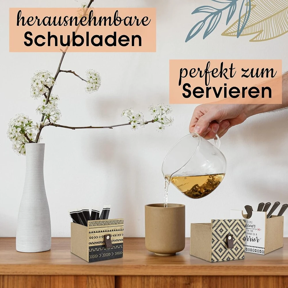 Arbatos dėžutė (gulinti) modernus arbatos pakelių laikiklis, pagamintas iš medžio, boho stiliaus, skirta laikymui ir serviravimui, su išimamu stalčiumi, universali, dekoratyvinė arbatos dėžutė, rankų darbo
