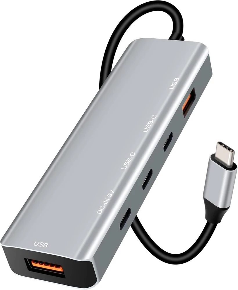 Arceli usb c hub 3.2, 5-in-1 doko stotis usb c (2 usb c doko stotys, 2 usb šakotuvai), 1 dc-in 5v type-c maitinimo prievadas, usb c skirstytuvas, suderinamas su 15 serija, g-alaxy s24, pad pro/air ir kt.