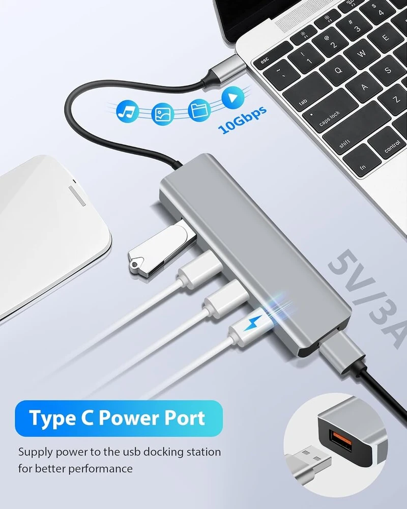 Arceli usb c hub 3.2, 5-in-1 doko stotis usb c (2 usb c doko stotys, 2 usb šakotuvai), 1 dc-in 5v type-c maitinimo prievadas, usb c skirstytuvas, suderinamas su 15 serija, g-alaxy s24, pad pro/air ir kt.