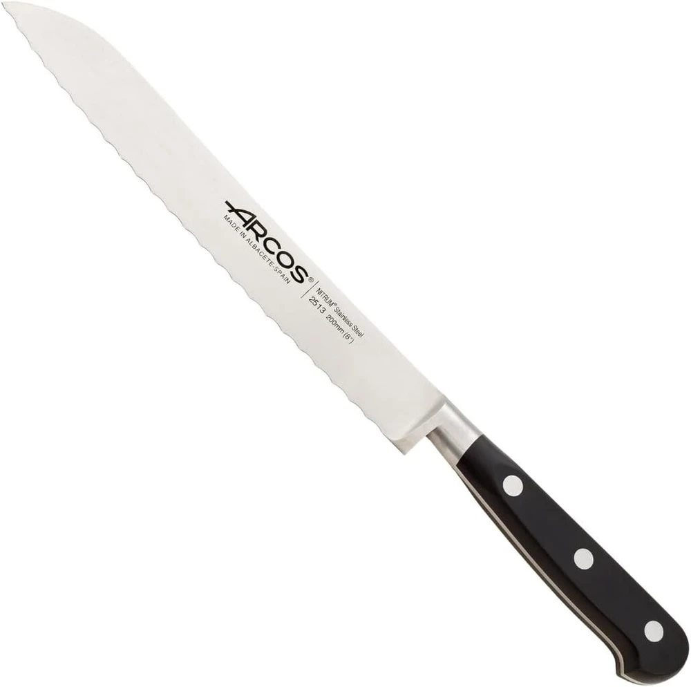 Arcos Lyon serijos duonos peilis, pagamintas iš nitrum kalto nerūdijančio plieno, 200 mm, rankena iš polioksimetileno (pom), juodas