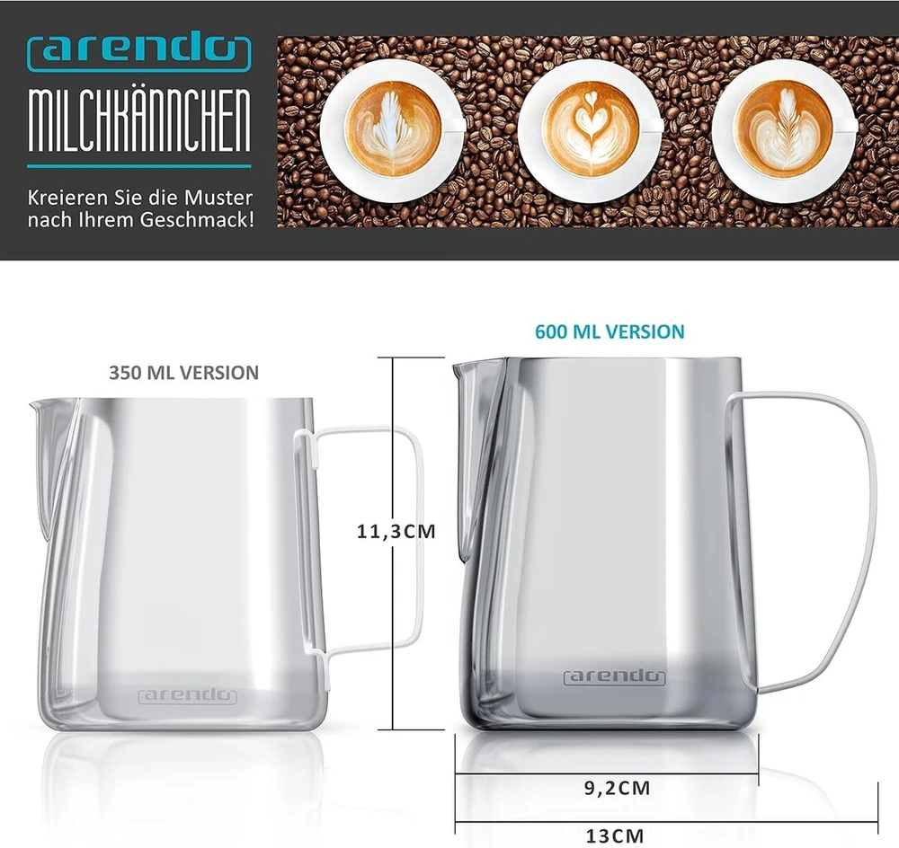 Arendo - Pieno ąsotis, nerūdijantis plienas, 600 ml - Pieno putų ąsotis - Pieno ąsotis - Pieno графинas - Nerūdijantis plienas - Pieno putojimui - Galima plauti indaplovėje - Matavimo skalė - Barista Cappuccino Latte