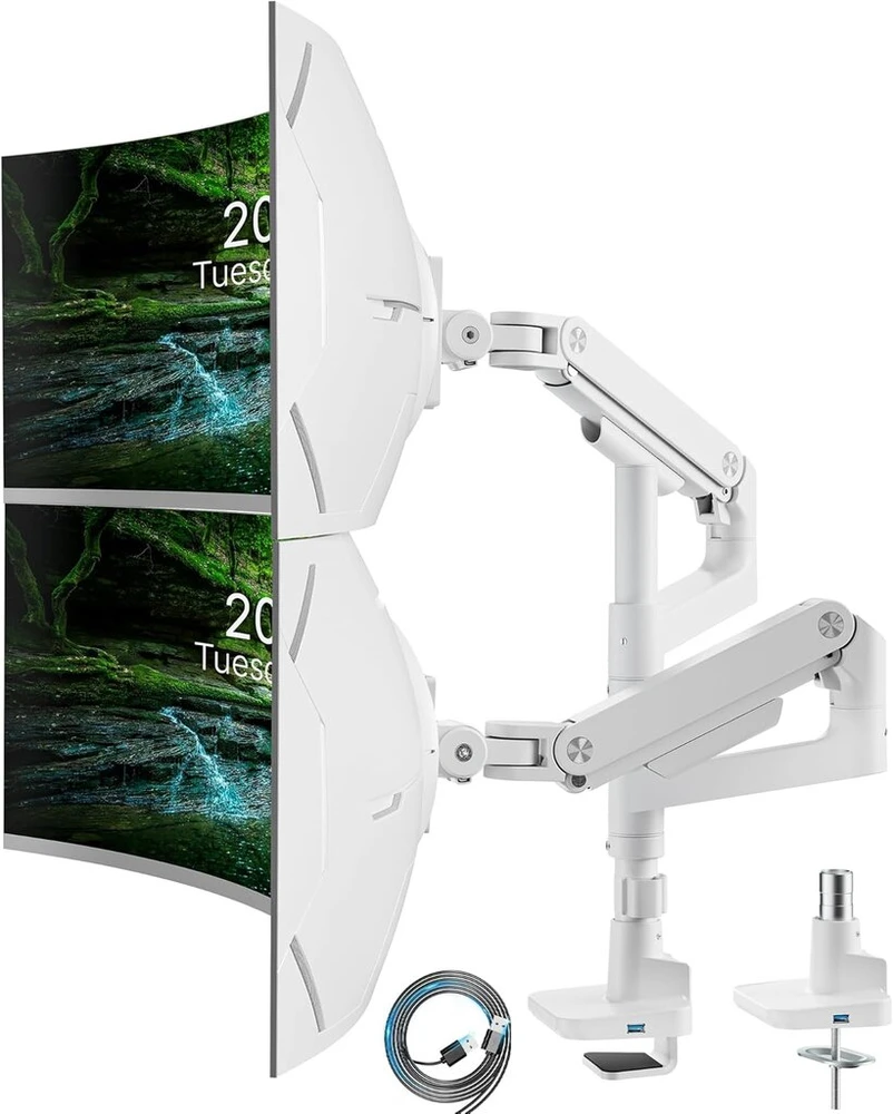 Ares Wing Monitoriaus laikiklis 2 monitoriams nuo 17 iki 49 colių ekranų, reguliuojamo aukščio dvigubas monitoriaus laikiklis su Usb A/c jungtimi, baltas ekrano laikiklis 2 monitoriams, maks. 20 kg/ranka, Vesa 75 ir 100