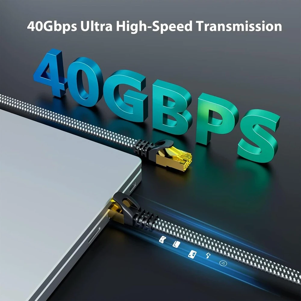 Ariskeen Cat 8 Ethernet tinklo kabelis, 12 m, plokščias, 40gbps