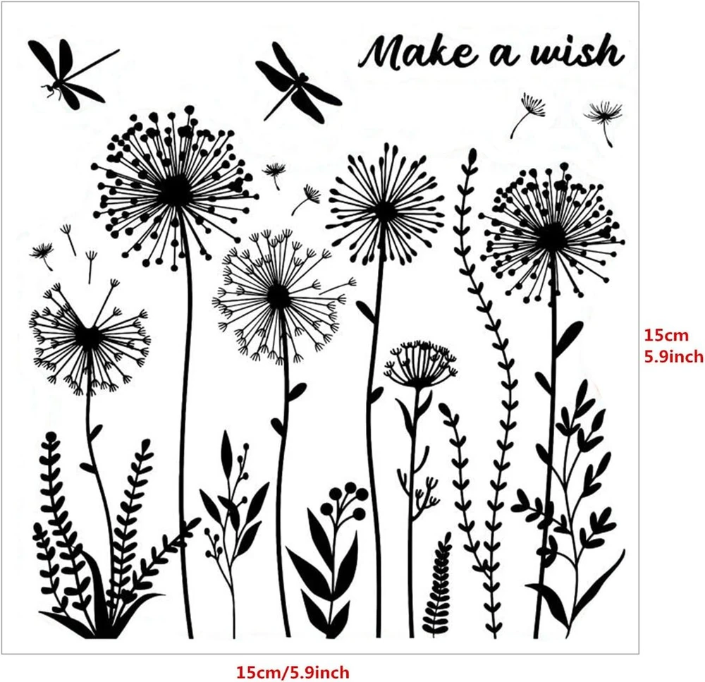 Arriettcraft Löwenzahn-blumen skaidrūs antspaudai kortelių gamybai, dekoravimui, žurnalų rašymui, Make a Wish žodžiai, skaidrūs guminiai antspaudai nuotraukų kortelėms, albumams, rankdarbių reikmenims