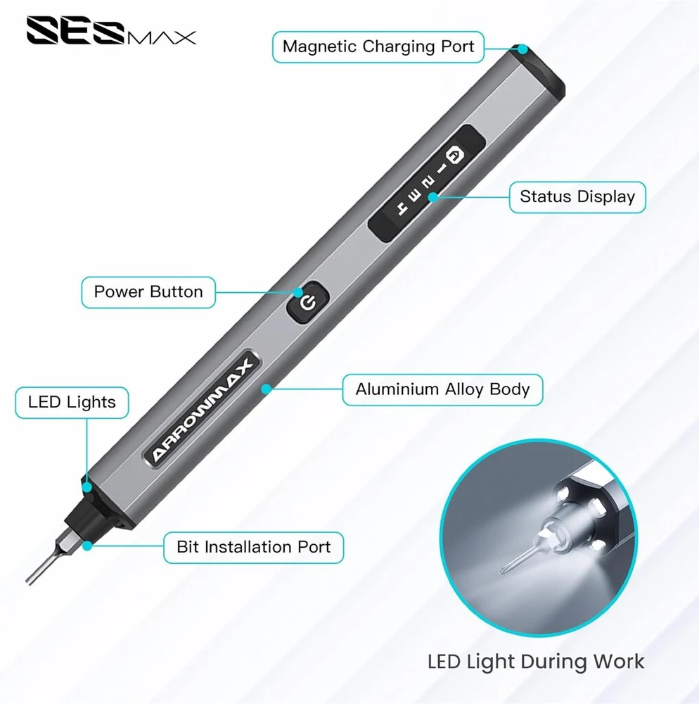 Arrowmax elektrinis atsuktuvas - įkraunamas su 32 bitų mikroprocesoriumi ir hd oled ekranu didelio tikslumo užduotims, iki 0,4 nm sukimo momentas, remontui (ses max)