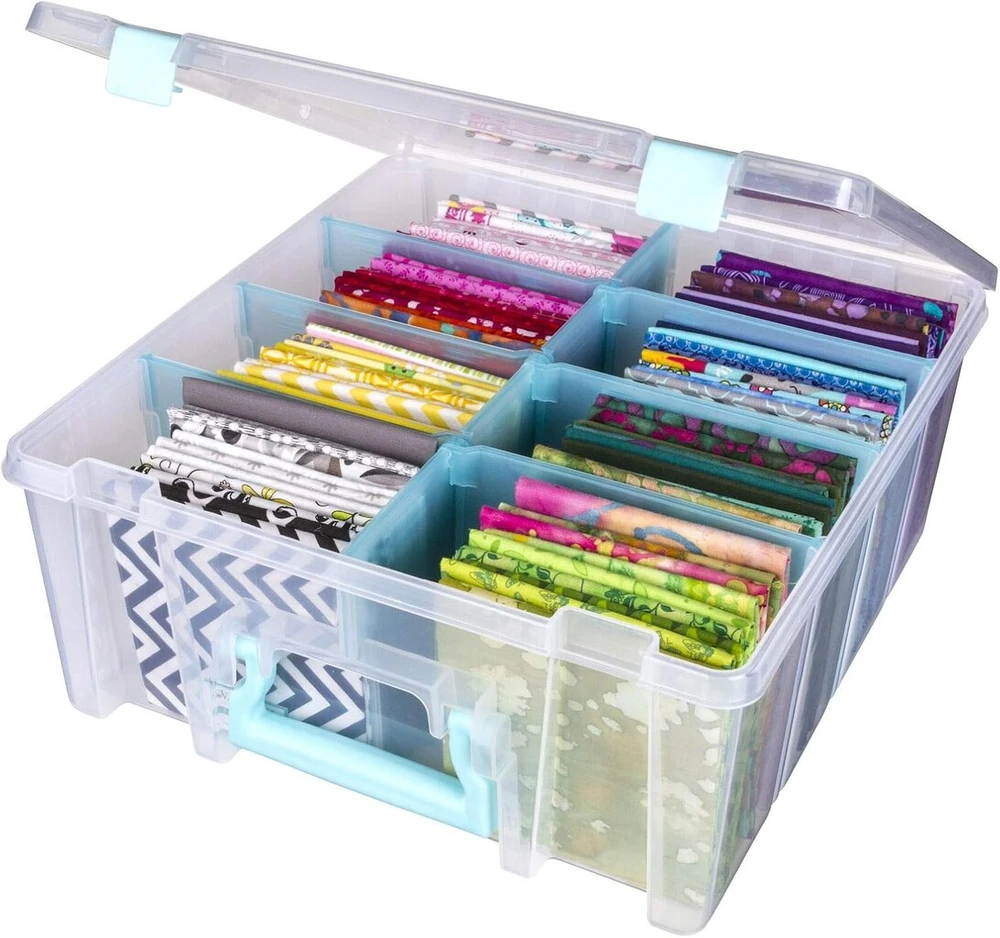 Artbin 6990sa Super Satchel Double Deep dėžutė su nuimamais skirtukais, didelė nešiojama meno ir amatų laikymo dėžė su rankena, permatoma / aqua mist