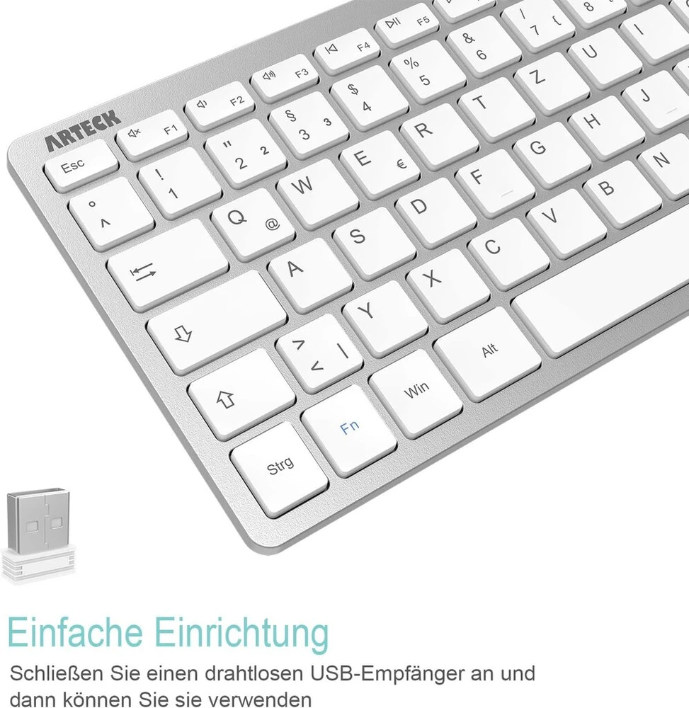 Arteck belaidė klaviatūra, vokiška Qwertz išdėstymo kompaktiška Usb 2.4 Ghz mini belaidė klaviatūra su multimedijos klavišais, suderinama su Pc, nešiojamuoju kompiuteriu, Windows 11, 10, 8, sidabrinė