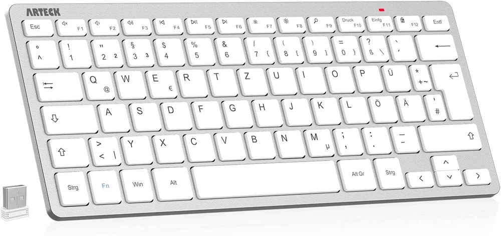 Arteck belaidė klaviatūra, vokiška Qwertz išdėstymo kompaktiška Usb 2.4 Ghz mini belaidė klaviatūra su multimedijos klavišais, suderinama su Pc, nešiojamuoju kompiuteriu, Windows 11, 10, 8, sidabrinė