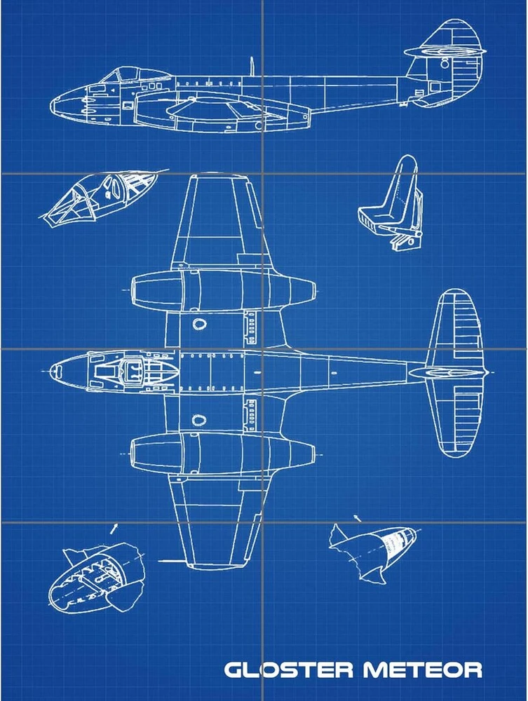 Artery8 Gloster Meteor britų reaktyvinio naikintuvo brėžinių planas Xl didelis plakatas (8 dalys) britų naikintuvas mėlynas