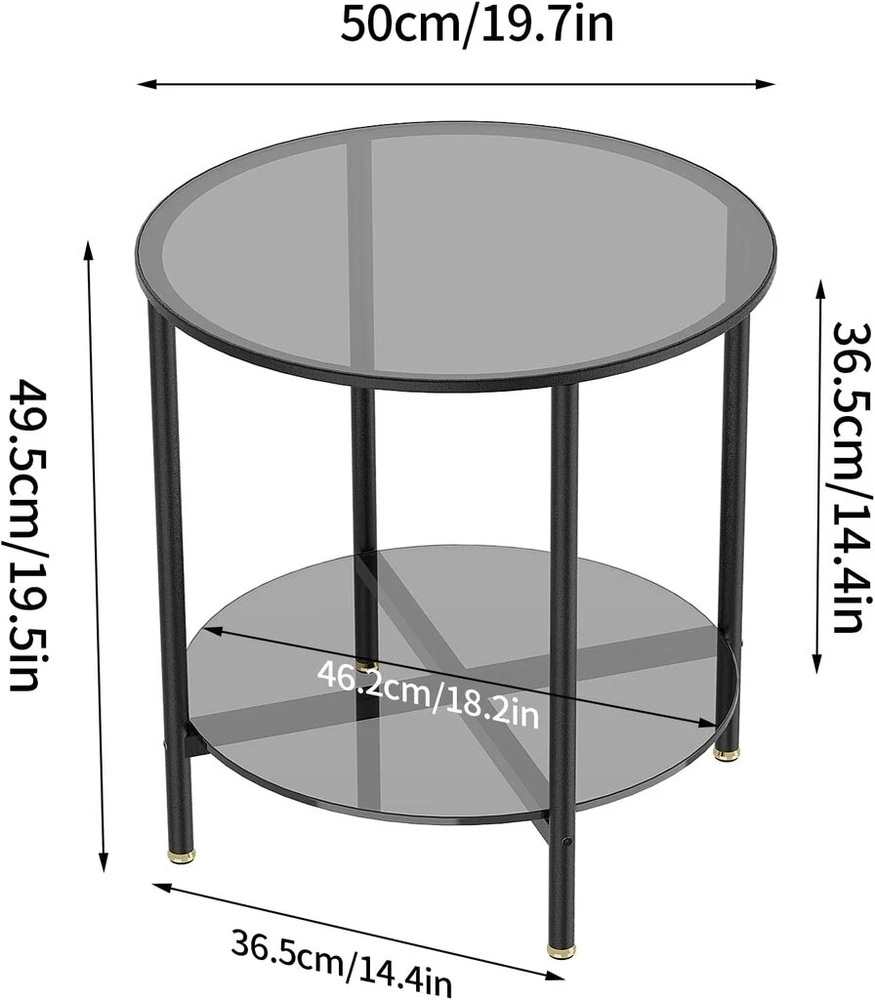 Artloge apvalus stiklinis staliukas su 2 lentynomis, staliukas prie sofos, tvirtas svetainės staliukas, didelis stalviršis 50 cm, mažas stalviršis 46,2 cm, aukštis 49,5 cm