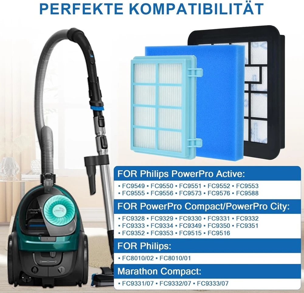 Artraise atsarginių filtrų rinkinys, skirtas Philips Powerpro Compact ir Active dulkių siurbliams Fc9331/09 Fc9332/09, dulkių siurblio atsarginių filtrų rinkinio priedai Fc8010/01 - mėlynas/baltas