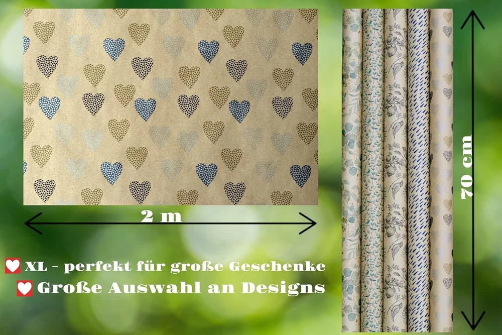 Artwelten Home & Style dovanų pakavimo popieriaus rinkinys - 5 ritiniai (2 m x 70 cm) | tvarus kraft popierius, pagamintas iš perdirbto popieriaus | natūralus raštas gimtadieniams ir šventinėms progoms